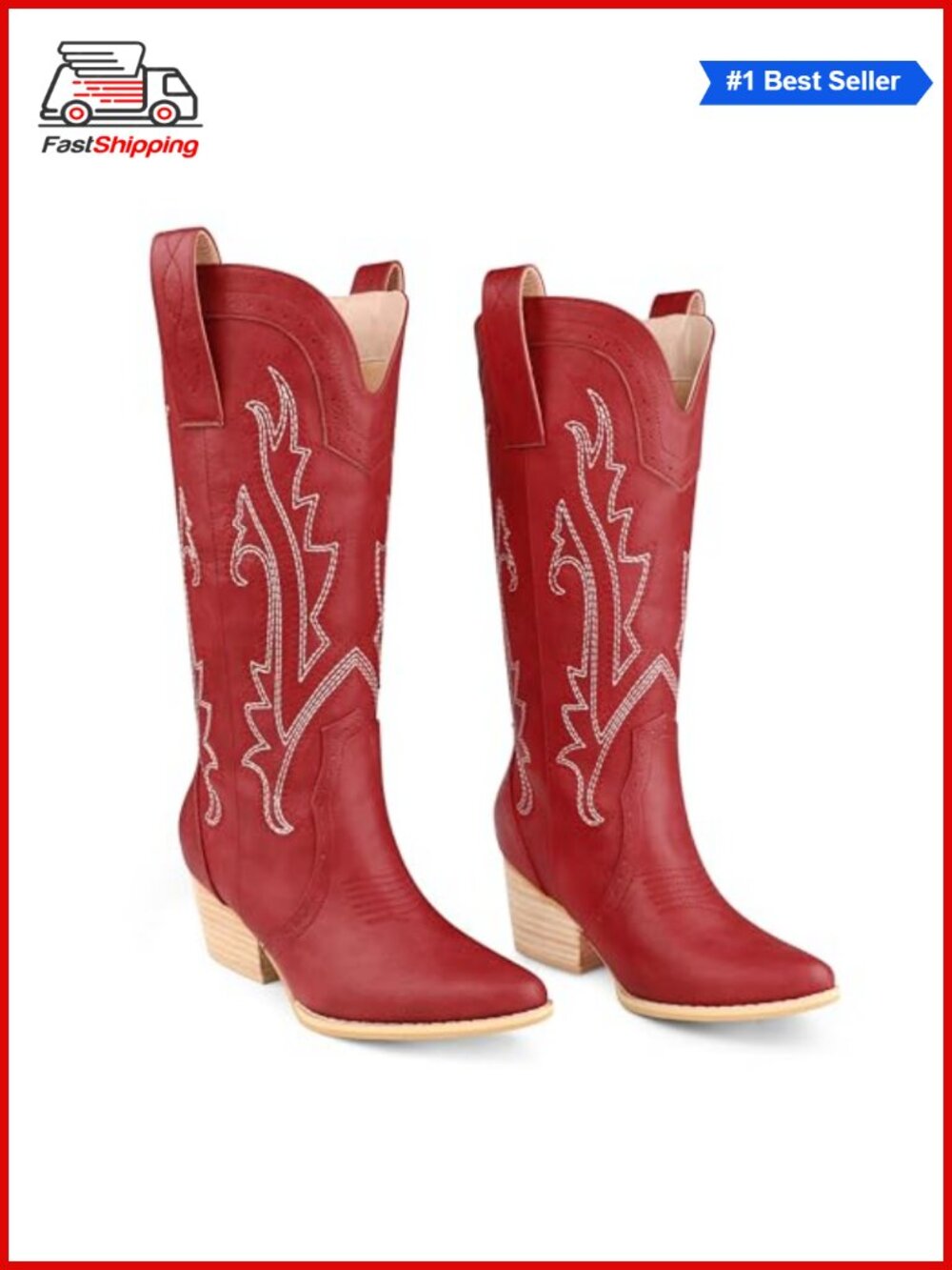 ✨Zzheels Mid Calf Cowboy Boots Women Faux Leather Pointed Toe Pull On Western